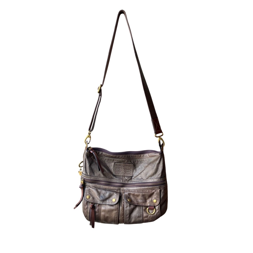 Fossil Morgan Metallic Bronze Gold Pebbled Leather Crossbody Bag Large